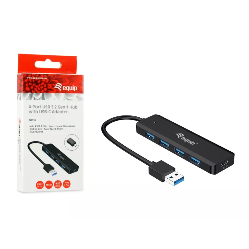 4-Portu USB 3.2 Gen 1 centrālmezgls Equip ar USB-C adapteri, melns, 5000 Mbit/s