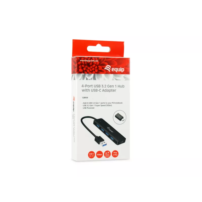 4-Portu USB 3.2 Gen 1 centrālmezgls Equip ar USB-C adapteri, melns, 5000 Mbit/s