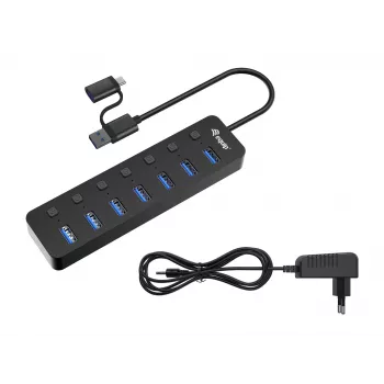 USB centrmezgls Equip 7 portu USB 3.2 Gen 1 centrmezgls ar strāvas adapteri
