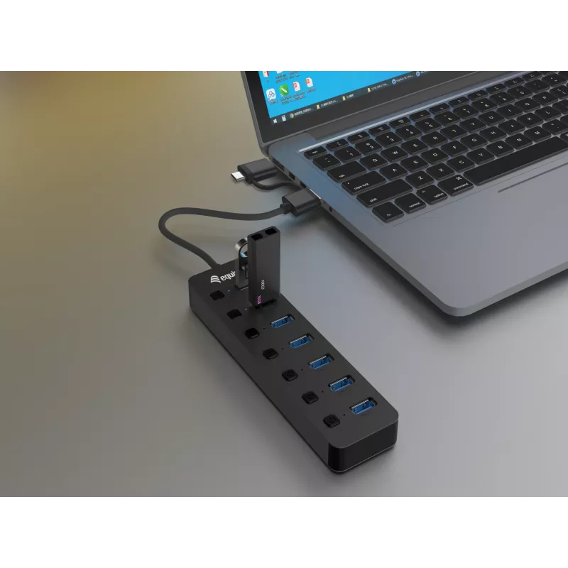 USB centrmezgls Equip 7 portu USB 3.2 Gen 1 centrmezgls ar strāvas adapteri