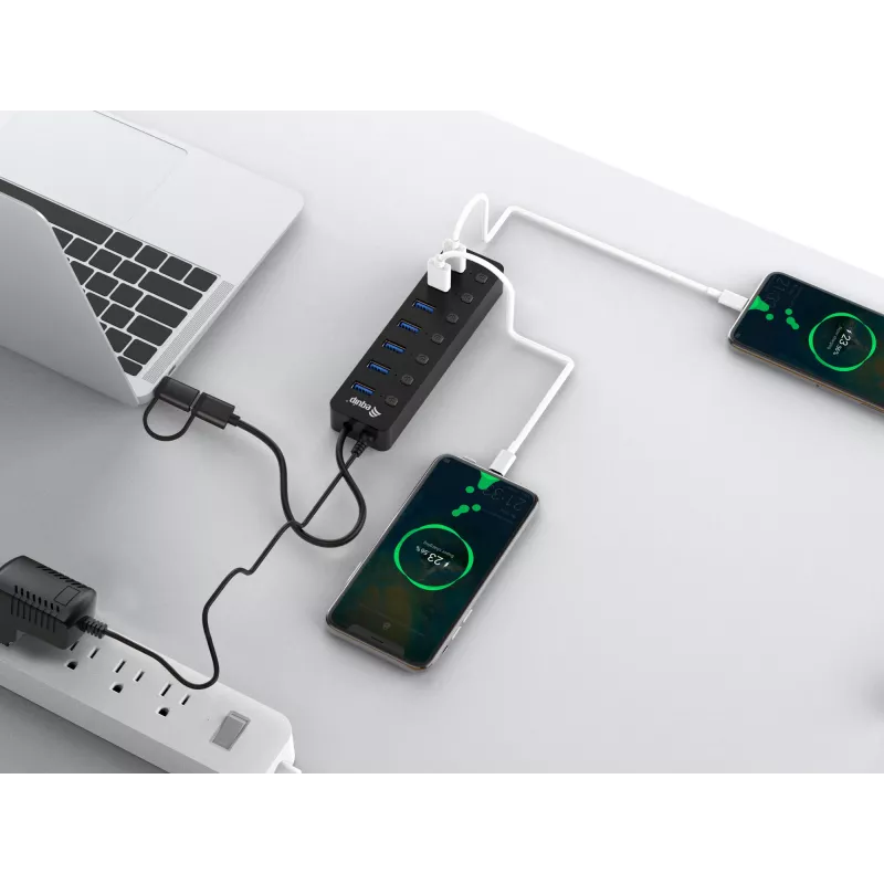 USB centrmezgls Equip 7 portu USB 3.2 Gen 1 centrmezgls ar strāvas adapteri