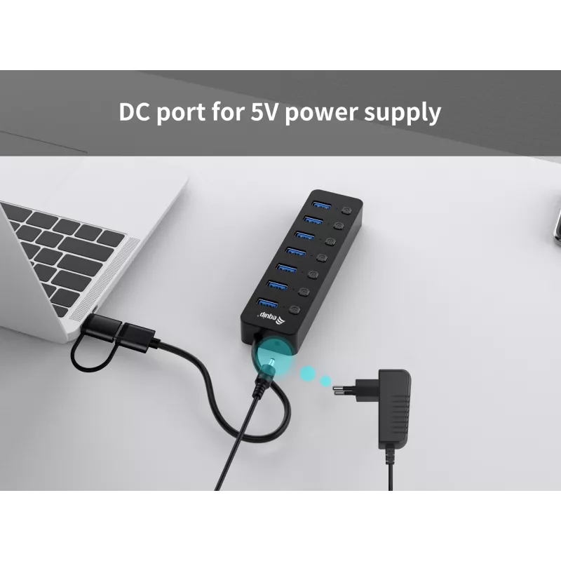 USB centrmezgls Equip 7 portu USB 3.2 Gen 1 centrmezgls ar strāvas adapteri