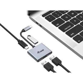 Equip USB-C 4 in 1 Dual HDMI Adapter, USB 3.2 Gen 1 (3.1 Gen 1) Type-C, Sudraba, 4K Ultra HD, 30 Hz, HDMI, Alumīnijs