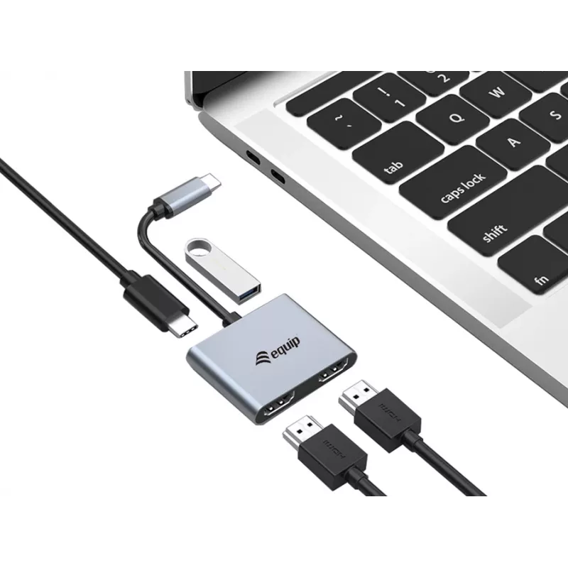 Equip USB-C 4 in 1 Dual HDMI Adapter, USB 3.2 Gen 1 (3.1 Gen 1) Type-C, Sudraba, 4K Ultra HD, 30 Hz, HDMI, Alumīnijs