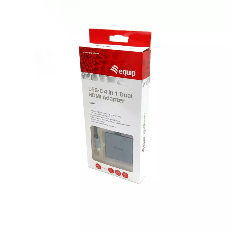 Equip USB-C 4 in 1 Dual HDMI Adapter, USB 3.2 Gen 1 (3.1 Gen 1) Type-C, Sudraba, 4K Ultra HD, 30 Hz, HDMI, Alumīnijs