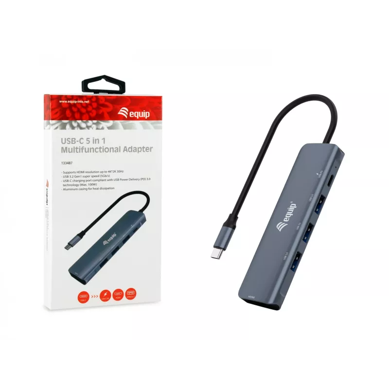 Equip USB-C 5 in 1 MULTIFUNKCIONĀLS adapteris, HDMI, USB 3.2 GEN1, 100W USB PD