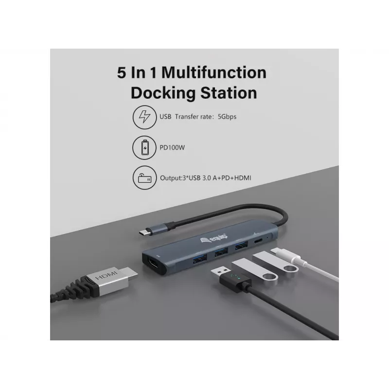 Equip USB-C 5 in 1 MULTIFUNKCIONĀLS adapteris, HDMI, USB 3.2 GEN1, 100W USB PD
