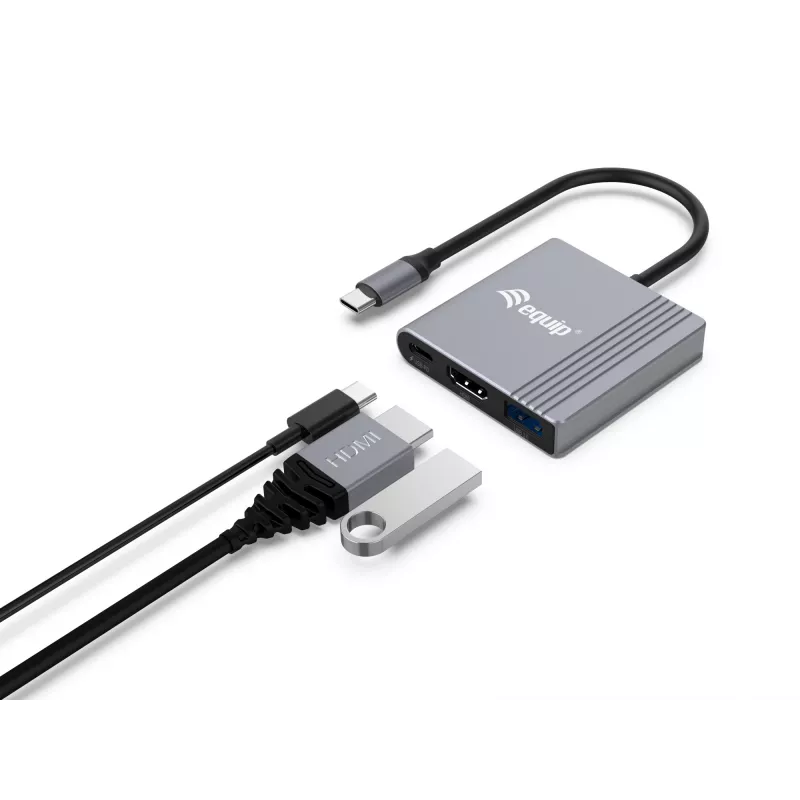 Equip 3-in-1 USB-C uz HDMI / USB-A / USB PD adapteris, 3.2 Gen 1 (3.1 Gen 1), USB Type-C, HDMI izeja, 3840 x 2160 pikseļi