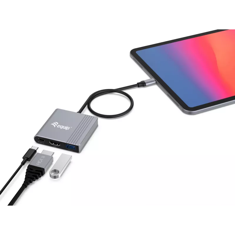 Equip 3-in-1 USB-C uz HDMI / USB-A / USB PD adapteris, 3.2 Gen 1 (3.1 Gen 1), USB Type-C, HDMI izeja, 3840 x 2160 pikseļi