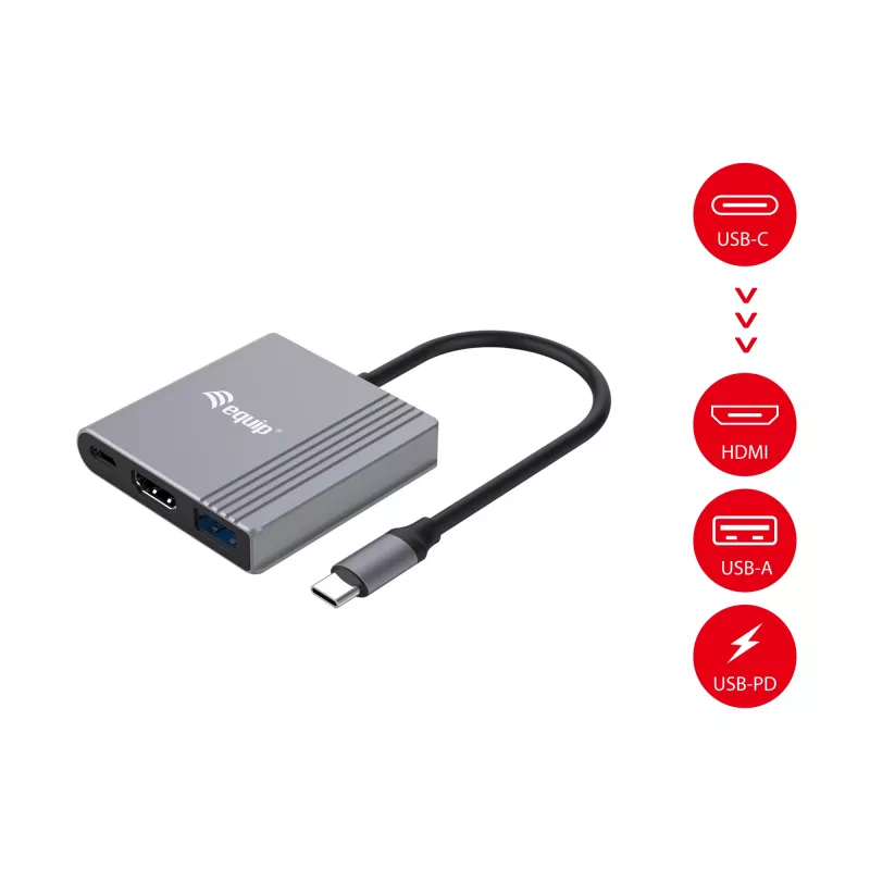Equip 3-in-1 USB-C uz HDMI / USB-A / USB PD adapteris, 3.2 Gen 1 (3.1 Gen 1), USB Type-C, HDMI izeja, 3840 x 2160 pikseļi