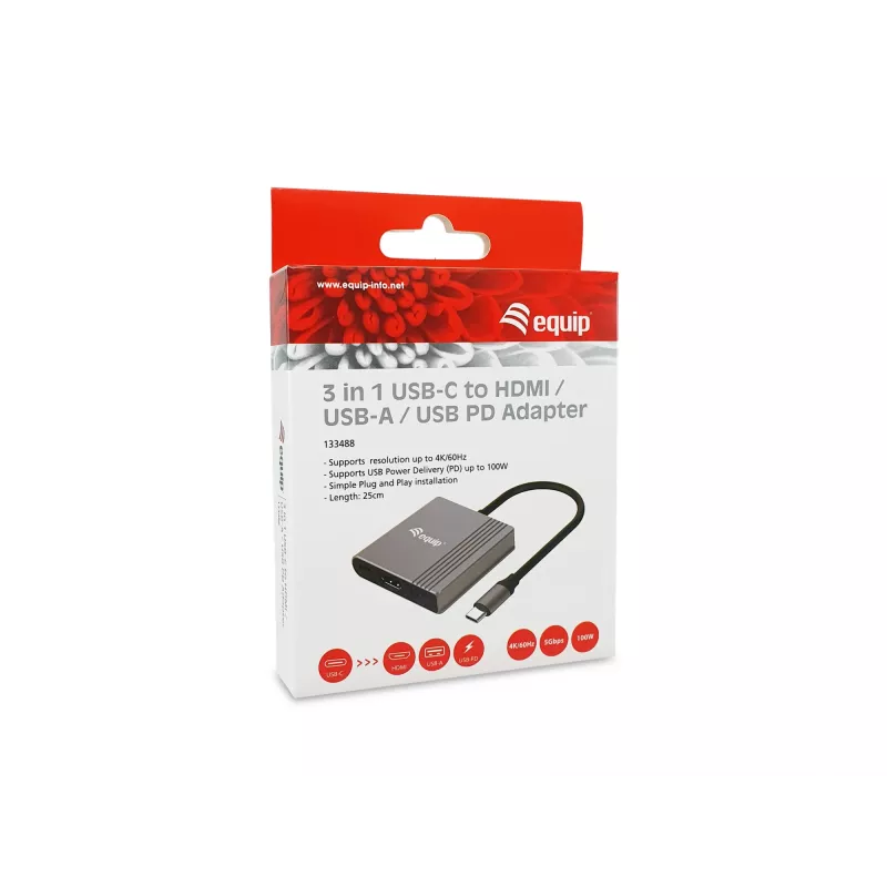Equip 3-in-1 USB-C uz HDMI / USB-A / USB PD adapteris, 3.2 Gen 1 (3.1 Gen 1), USB Type-C, HDMI izeja, 3840 x 2160 pikseļi