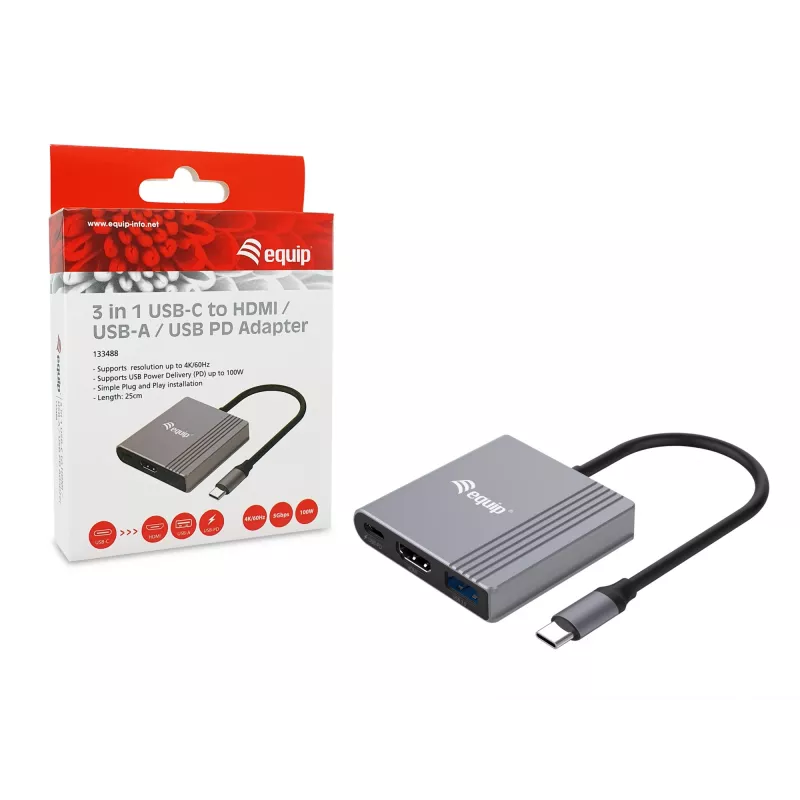 Equip 3-in-1 USB-C uz HDMI / USB-A / USB PD adapteris, 3.2 Gen 1 (3.1 Gen 1), USB Type-C, HDMI izeja, 3840 x 2160 pikseļi