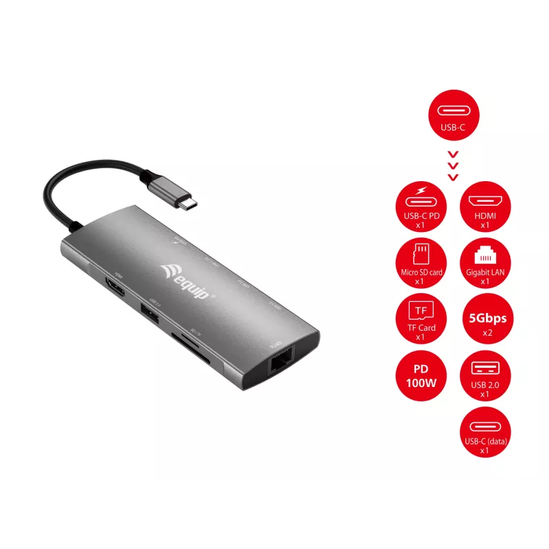 Equip USB-C 9 in 1 multifunkcionāls adapteris, HDMI 4K/60Hz, Gigabit LAN, USB 3.2 GEN1, SD/TF, 100W USB PD