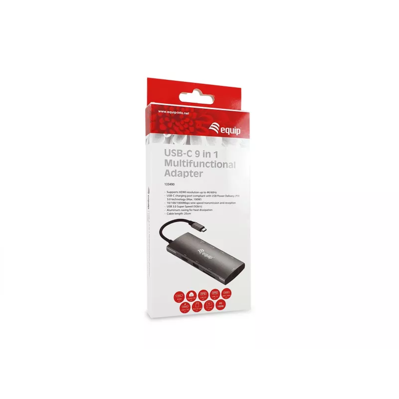 Equip USB-C 9 in 1 multifunkcionāls adapteris, HDMI 4K/60Hz, Gigabit LAN, USB 3.2 GEN1, SD/TF, 100W USB PD