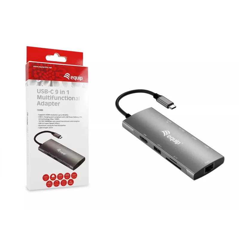 Equip USB-C 9 in 1 multifunkcionāls adapteris, HDMI 4K/60Hz, Gigabit LAN, USB 3.2 GEN1, SD/TF, 100W USB PD