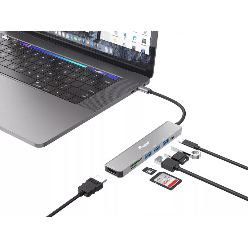 Equip USB-C 7 vienā daudzfunkcionālais adapteris, HDMI 4K/60Hz, USB 3.2 Gen1 x 3, TF/Mikro SD, 100W USB PD