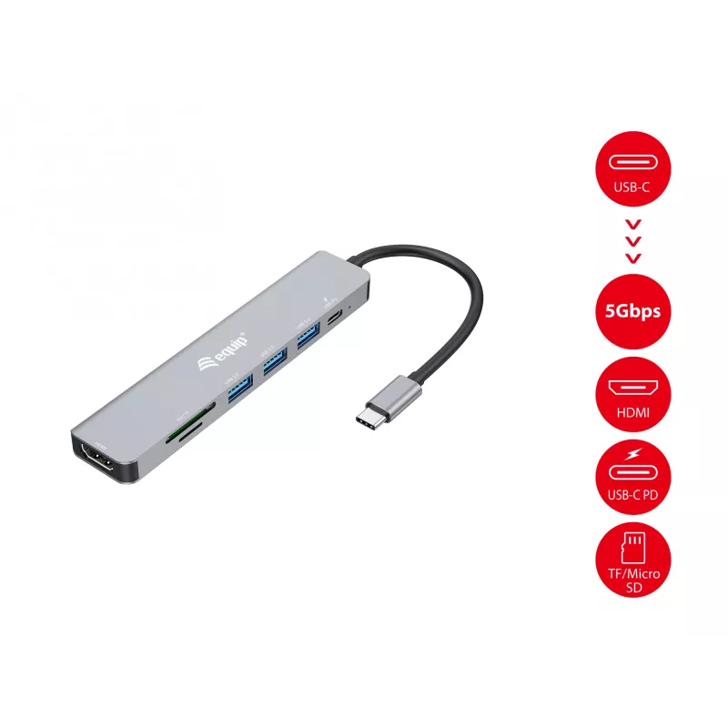 Equip USB-C 7 vienā daudzfunkcionālais adapteris, HDMI 4K/60Hz, USB 3.2 Gen1 x 3, TF/Mikro SD, 100W USB PD