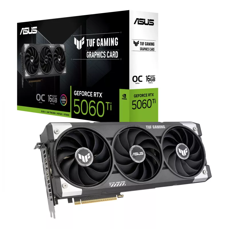 Grafikas karte ASUS GeForce RTX 5060 Ti — 16 GB GDDR7, PCIe 5.0, 128-bit, 3xDP 2.1b + 1xHDMI 2.1b, 302 mm, 3 ventilatori