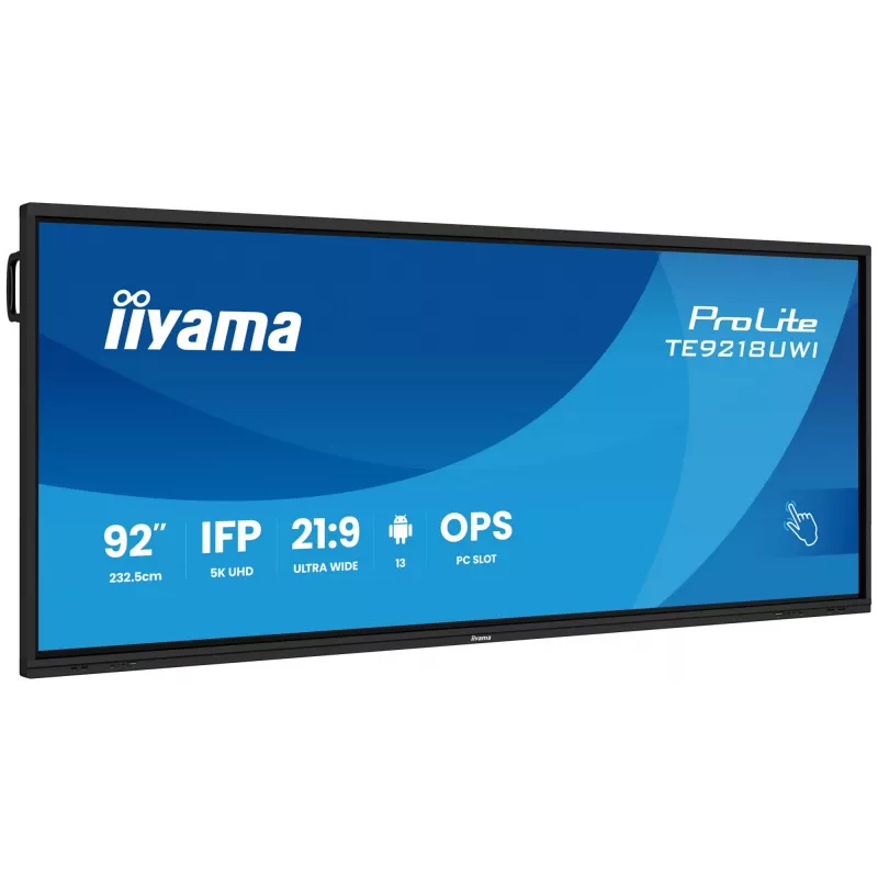 iiyama TE9218UWI-B1AG Signāla displejs Kioska dizains 2.32 m (91.5 collas) LED Wi-Fi 500 cd/m² 5K Ultra HD Melns Skārienekrāns Iebūvēts procesors Android 16/7