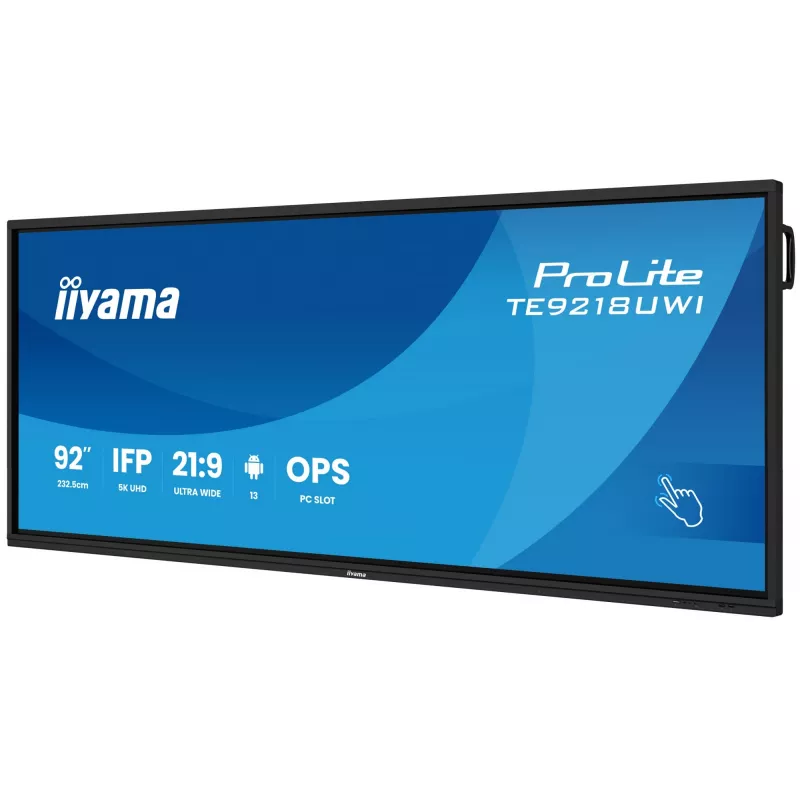 iiyama TE9218UWI-B1AG Signāla displejs Kioska dizains 2.32 m (91.5 collas) LED Wi-Fi 500 cd/m² 5K Ultra HD Melns Skārienekrāns Iebūvēts procesors Android 16/7