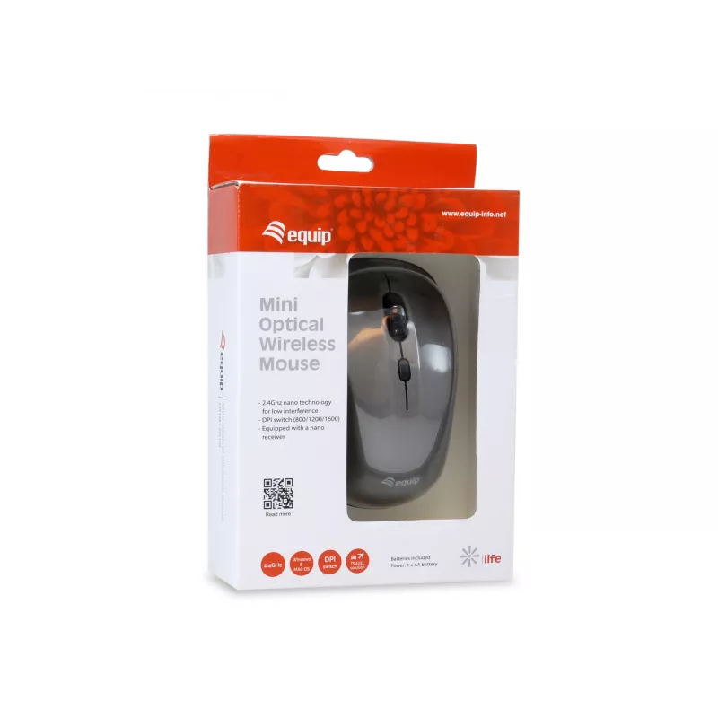 Equip Mini optiskā bezvadu pele, piemērota abām rokām, optiskā, RF bezvadu, 1600 DPI, pelēka