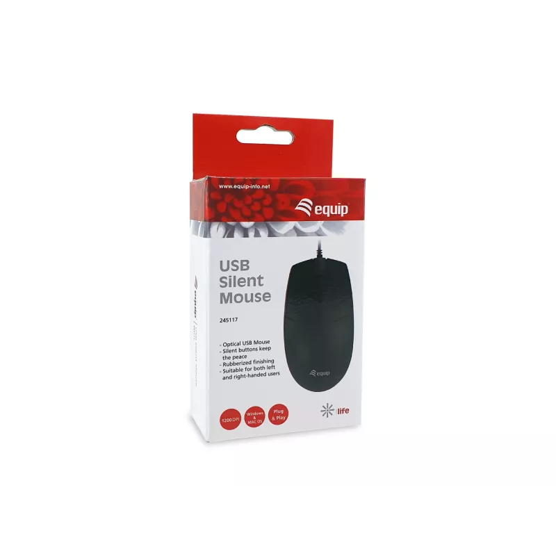 Equip USB klusā pele, piemērota abām rokām, optiskā, USB Type-A, 1200 DPI, melna