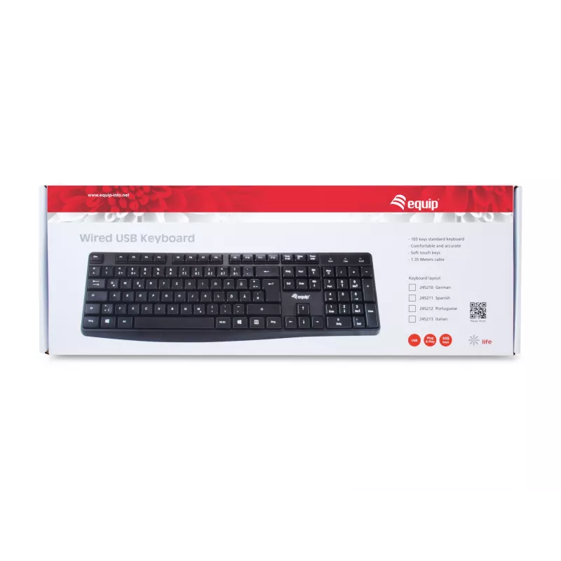 Equip Wired USB tastatūra, Full-size (100%), Wired, USB, QWERTY, Melns