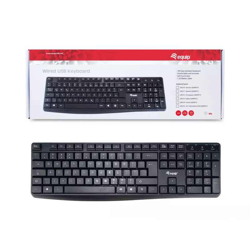 Equip vadu USB tastatūra, ASV/starptautisks izkārtojums (QWERTY), pilnizmēra (100%), vadu, USB, QWERTY, melna