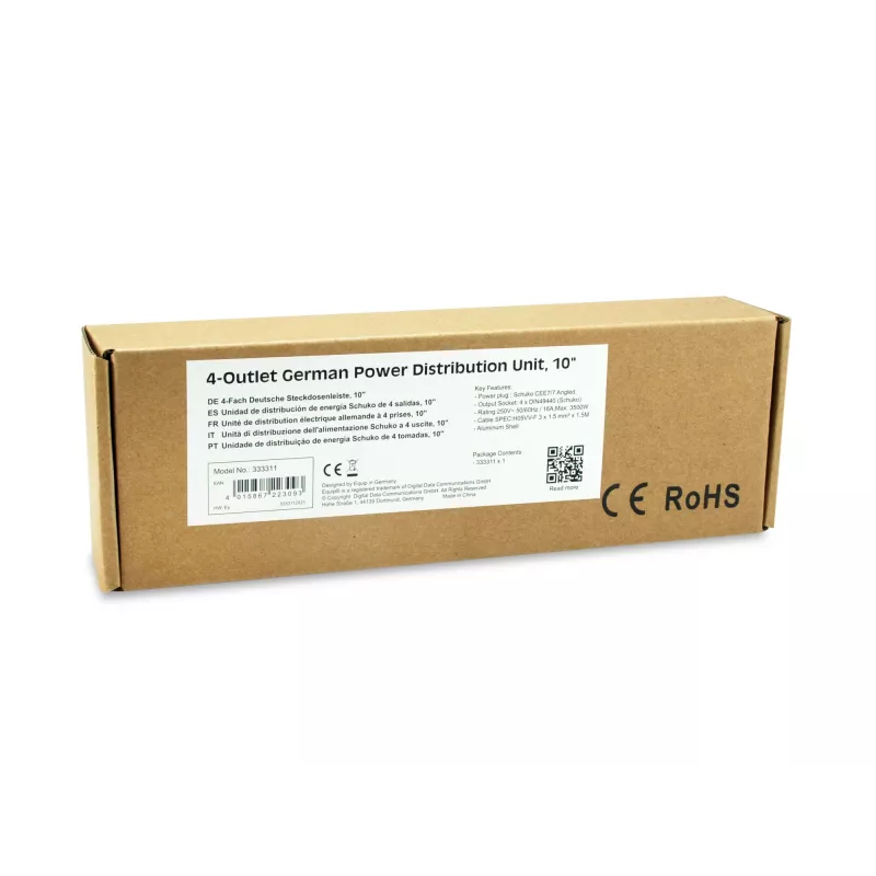 Equip 333311 barošanas sadales bloks (PDU) 4 maiņstrāvas rozetes 1U melna, sudraba