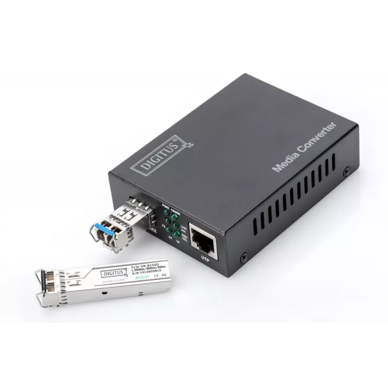 DIGITUS multivides pārveidotājs, SFP 10/100/1000Base-T uz SFP atvērto slotu, komplektā ar barošanas bloku, bez SFP moduļa