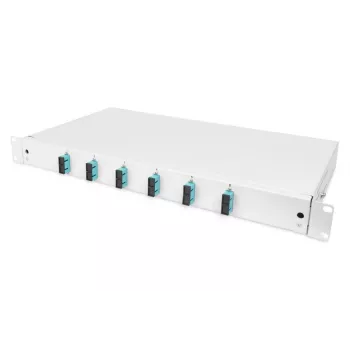 DIGITUS optiskās šķiedras bīdāmā salaiduma kārba, 1U, aprīkota ar 6x SC duplex, ietver M25 skrūvi, salaiduma kasete, krāsainas pigtail šķiedras OM3, adapteris