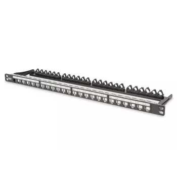 DIGITUS Modular Patch Panel, ekranēts 24-portu, marķējuma lauks, 0.5U, statnes montāža, krāsa melna RAL 9005