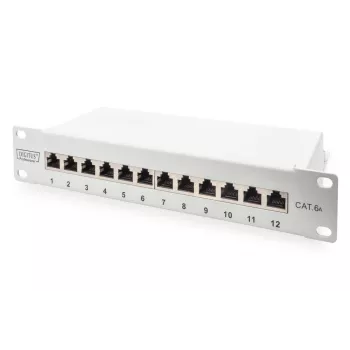 DIGITUS CAT6A sadales panelis, ekranēts, 12 portu marķējuma lauks, 1U, 10 collu stiprinājums, pelēks RAL 7035