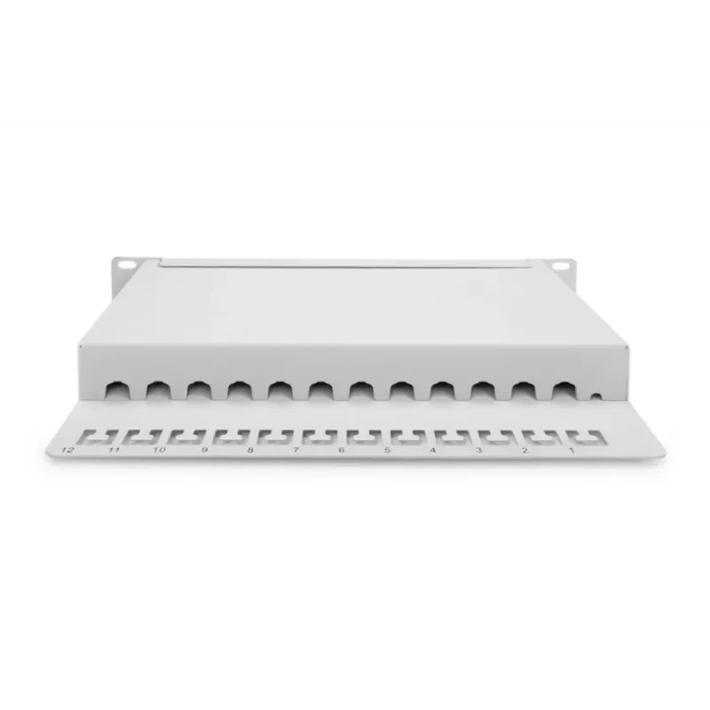 DIGITUS CAT6A sadales panelis, ekranēts, 12 portu marķējuma lauks, 1U, 10 collu stiprinājums, pelēks RAL 7035