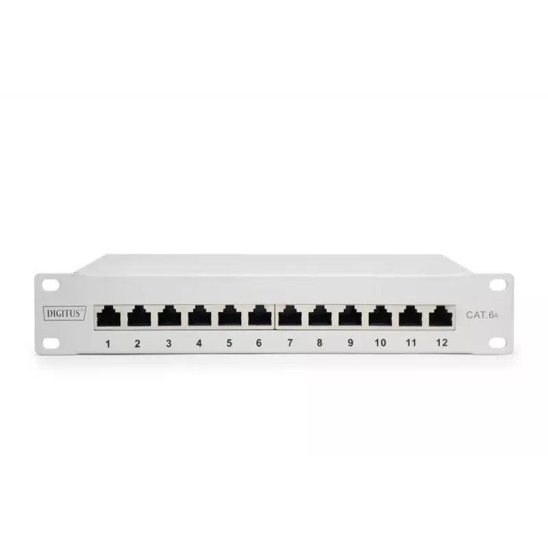 DIGITUS CAT6A sadales panelis, ekranēts, 12 portu marķējuma lauks, 1U, 10 collu stiprinājums, pelēks RAL 7035