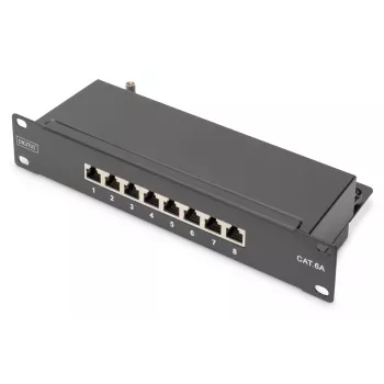 DIGITUS Patch Panel CAT6A ekranēts, 8 portu 1U, 10 collu statīva montāžai, melns RAL 9005