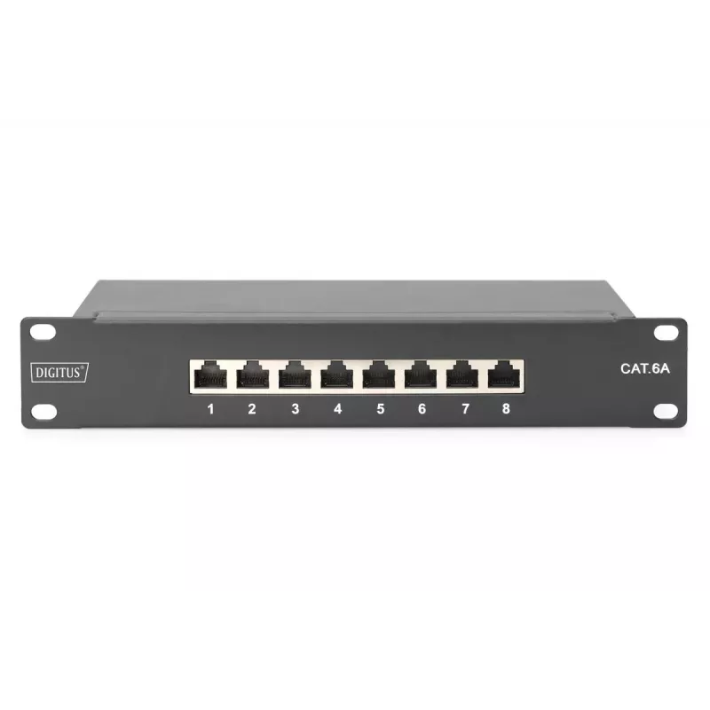 DIGITUS Patch Panel CAT6A ekranēts, 8 portu 1U, 10 collu statīva montāžai, melns RAL 9005