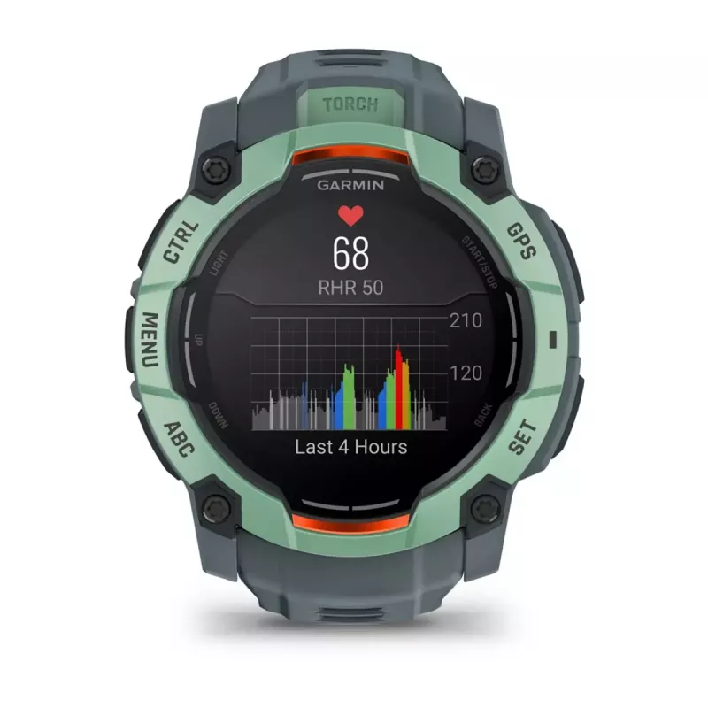 Viedpulkstenis GARMIN Instinct 3 AMOLED — 50 mm korpuss, AMOLED 1,3 collas, GPS/GLONASS/Galileo, 10 ATM, 24 dienu baterija