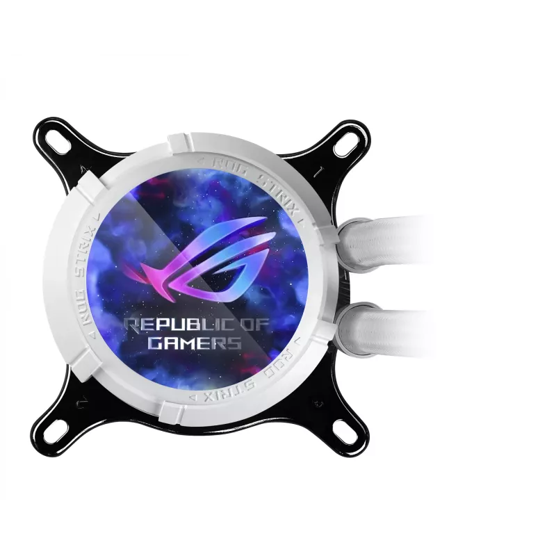 Universāla šķidruma dzesētāja ASUS ROG Strix LC III 360 ARGB balta Edition — 360 mm radiators, 3x 120 mm ventilatori, LCD ūdens bloks, PWM