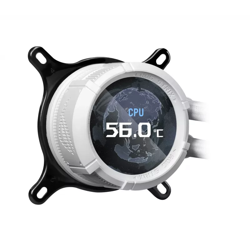 Universāla šķidruma dzesētāja ASUS ROG Strix LC III 360 ARGB balta Edition — 360 mm radiators, 3x 120 mm ventilatori, LCD ūdens bloks, PWM