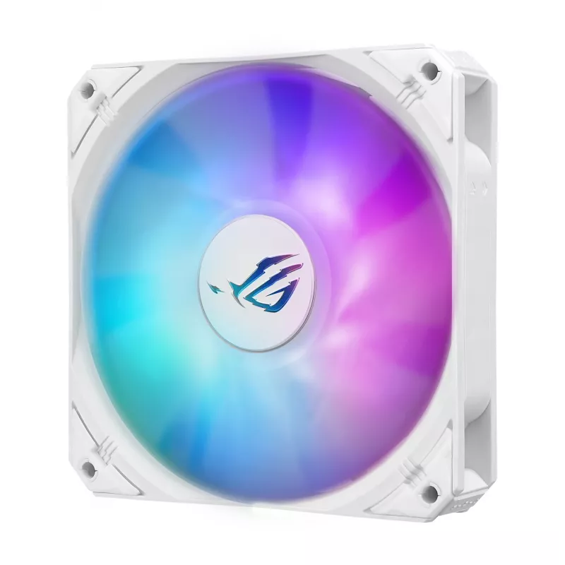 Universāla šķidruma dzesētāja ASUS ROG Strix LC III 360 ARGB balta Edition — 360 mm radiators, 3x 120 mm ventilatori, LCD ūdens bloks, PWM
