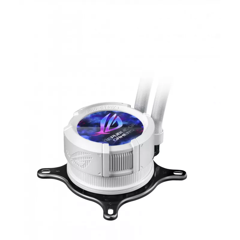 Universāla šķidruma dzesētāja ASUS ROG Strix LC III 360 ARGB balta Edition — 360 mm radiators, 3x 120 mm ventilatori, LCD ūdens bloks, PWM