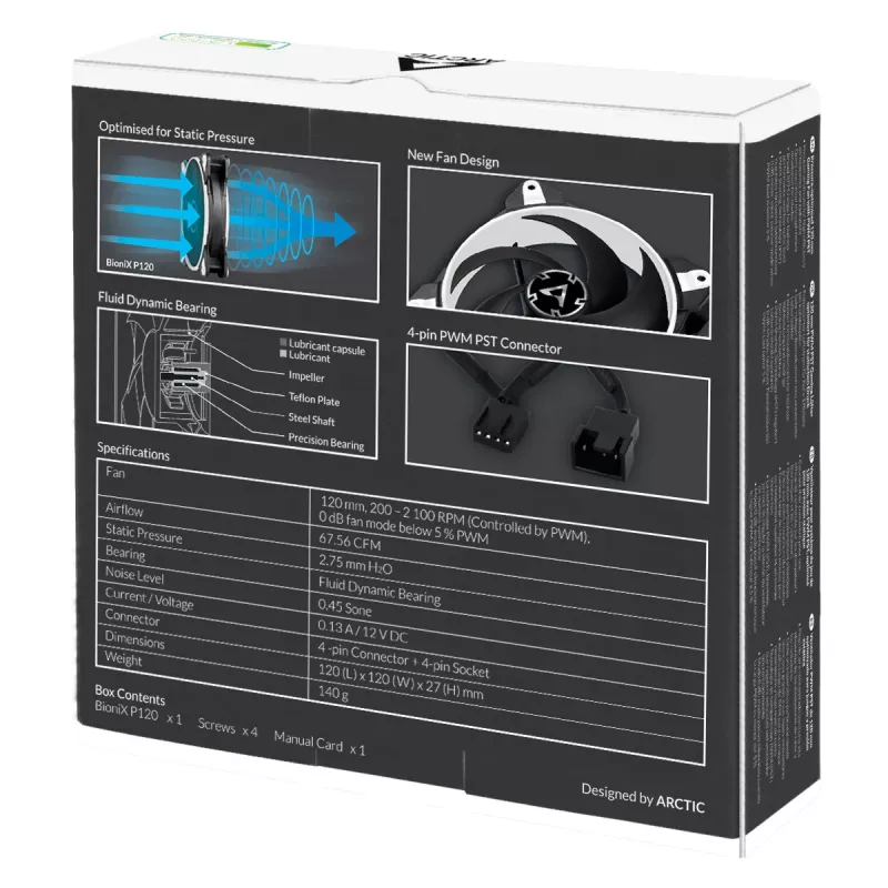 ARCTIC BioniX P120 (Balts) – Spiedienam optimizēts 120 mm spēļu ventilators ar PWM PST