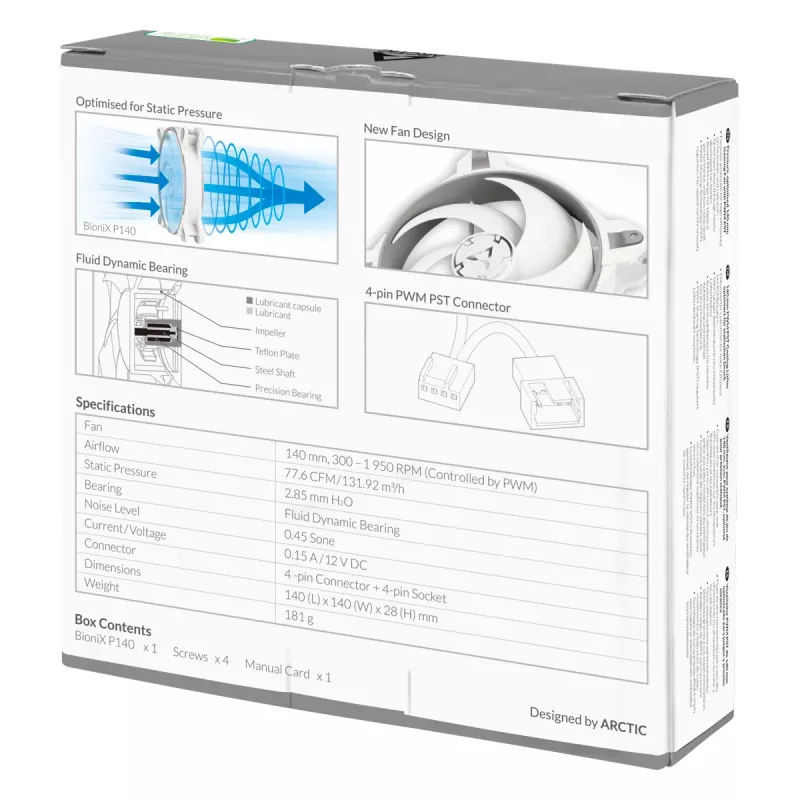ARCTIC BioniX P140 (Pelēks/Balts) – Spiedienam optimizēts 140 mm spēļu ventilators ar PWM PST