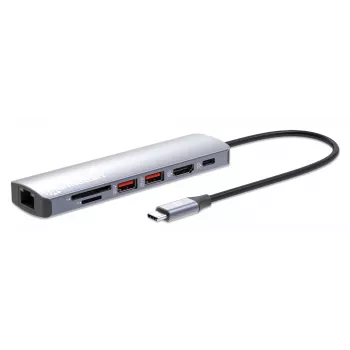 Manhattan USB-C dokstacija/rumbis ar karšu lasītāju, 5 pieslēgvietas: Ethernet, HDMI, USB-A (x2) un USB-C, ar Power Delivery (PD) 100 W – nepieciešams ārējs USB-C lādētājs (nav iekļauts). Barošana caur USB (ārējs barošanas avots nav nepieciešams), kad PD netiek izmantots.