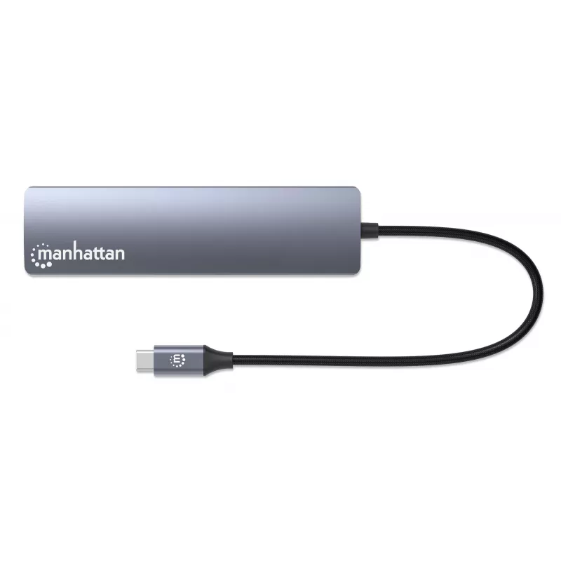 Manhattan USB-C dokstacija/rumbis ar karšu lasītāju, 5 pieslēgvietas: Ethernet, HDMI, USB-A (x2) un USB-C, ar Power Delivery (PD) 100 W – nepieciešams ārējs USB-C lādētājs (nav iekļauts). Barošana caur USB (ārējs barošanas avots nav nepieciešams), kad PD netiek izmantots.
