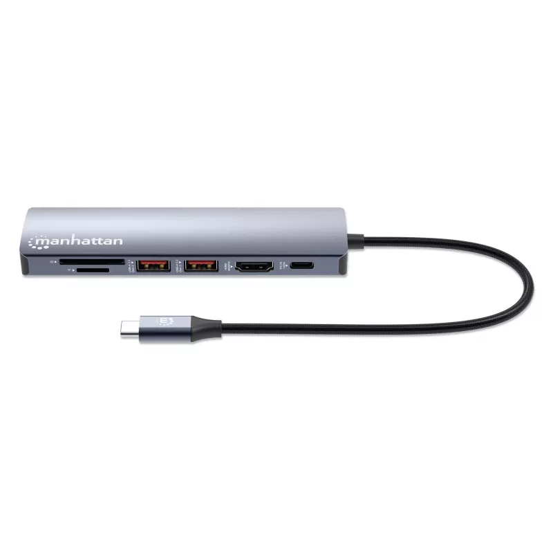Manhattan USB-C dokstacija/rumbis ar karšu lasītāju, 5 pieslēgvietas: Ethernet, HDMI, USB-A (x2) un USB-C, ar Power Delivery (PD) 100 W – nepieciešams ārējs USB-C lādētājs (nav iekļauts). Barošana caur USB (ārējs barošanas avots nav nepieciešams), kad PD netiek izmantots.