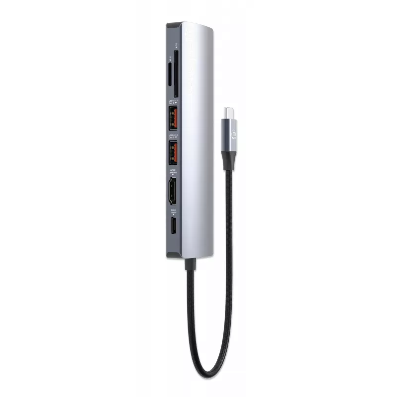 Manhattan USB-C dokstacija/rumbis ar karšu lasītāju, 5 pieslēgvietas: Ethernet, HDMI, USB-A (x2) un USB-C, ar Power Delivery (PD) 100 W – nepieciešams ārējs USB-C lādētājs (nav iekļauts). Barošana caur USB (ārējs barošanas avots nav nepieciešams), kad PD netiek izmantots.