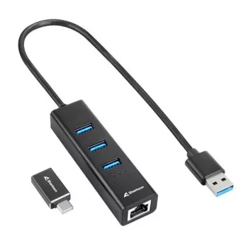 SHARKOON USB centrmezgls - 3 portu USB 3.2 Gen 1 Alu + Ethernet Melns