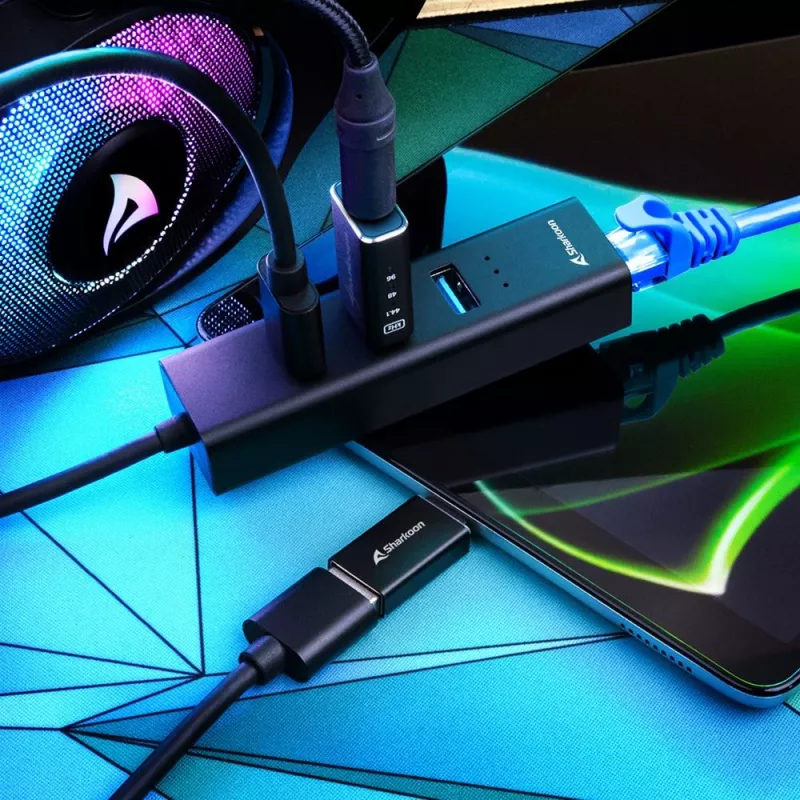 SHARKOON USB centrmezgls - 3 portu USB 3.2 Gen 1 Alu + Ethernet Melns